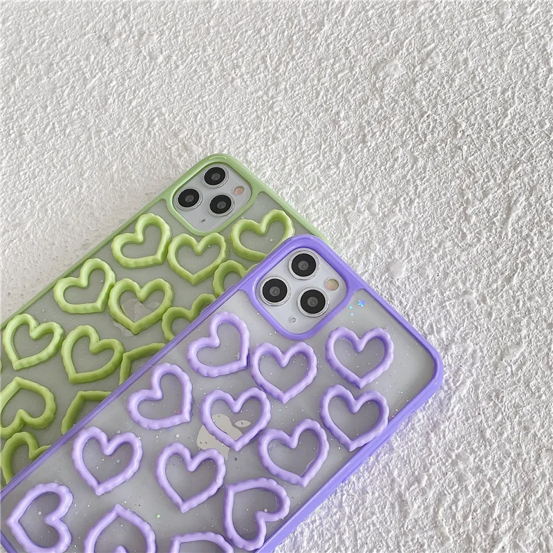 

INS Cute 3D Candy Color Hollow Love Heart Phone Case For iPhone 12 11 Pro Max X XS Max XR 7 8 Puls SE 2020 Soft Silicon Cover
