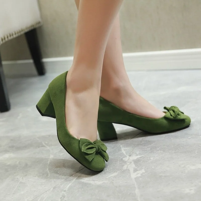 

XJRHXJR Brand Plus Size 32-45 Women Pumps Fashion Elegant Round Toe Square Med Heels Office Lady Woman Shoes Black Pink