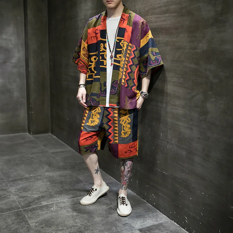 

Han Tang Clothing Men's Chinese Style Casual 2 Pieces Set Cotton Linen Print Summer 3/4 Sleeve Shorts