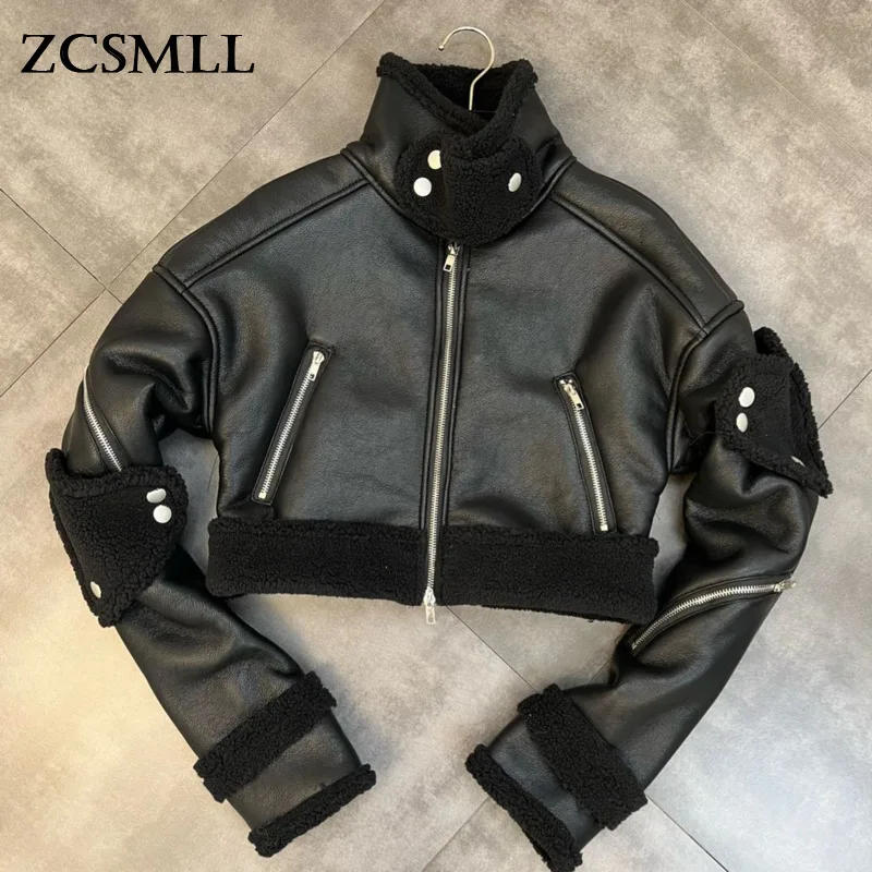 

ZCSMLL Women Lamb Wool Lining Thick Keep Warm Personality Leather Jacket New Arrivals Long Sleeve Fashion Winter 2021 TH1410