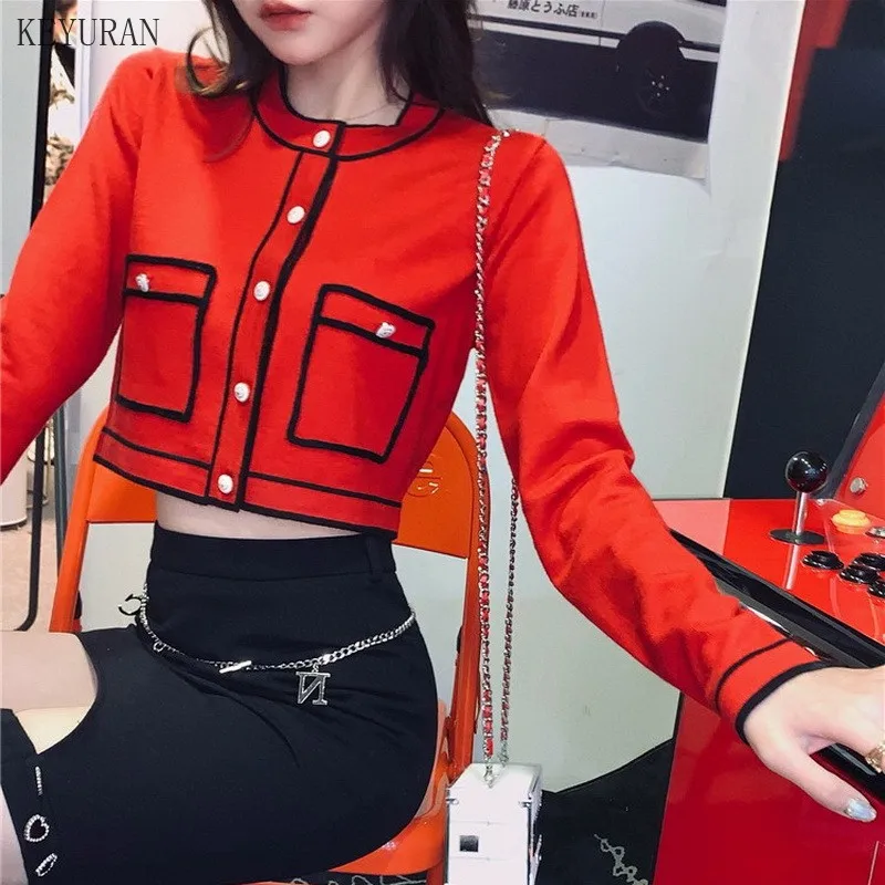 Runway Sweater Cardigan Women 2021 Spring Round neck Single Breasted Pink/Red Knitted Jacket Ladies Elegant Knitting Outwear Top |