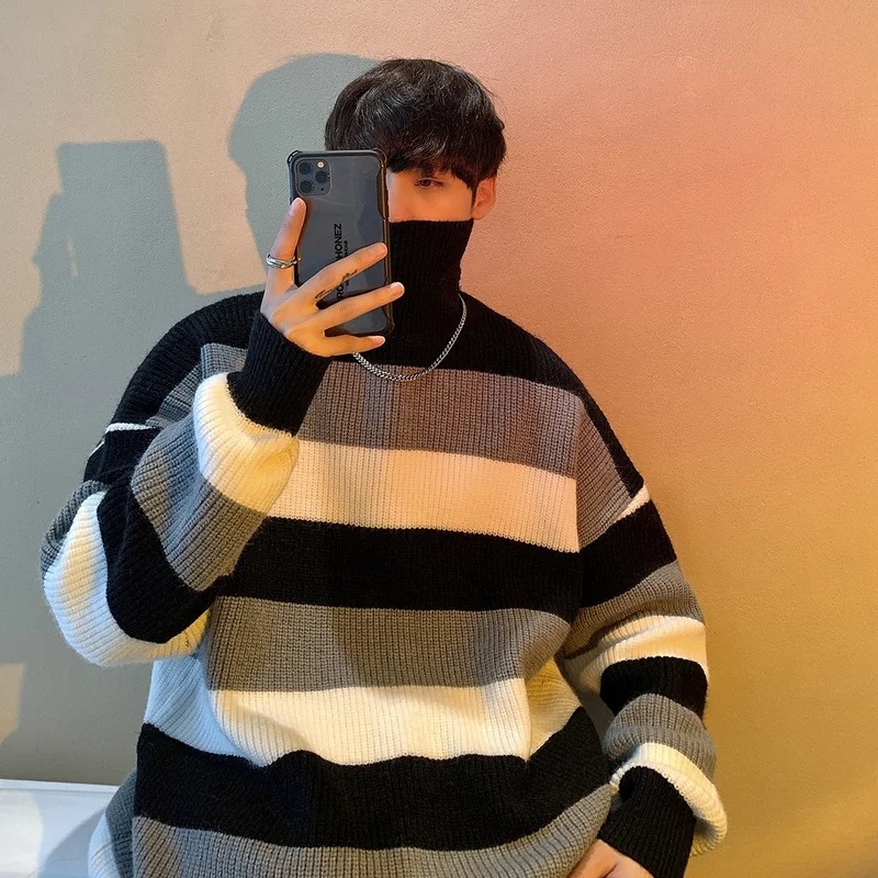 

Striped Turtleneck Sweater Men's Winter Thickened Laid-Back Coat Trendy Ins Loose Autumn Winter Sweater