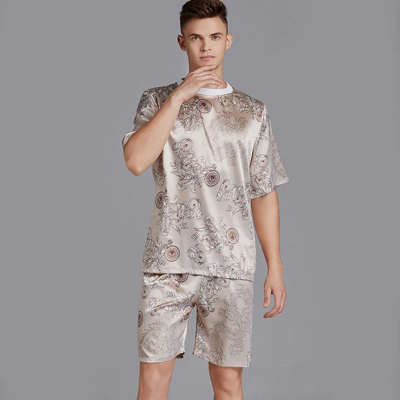 

2pcs Men Pajama Set Print Satin Men Pajamas Suit Short Sleeve Shorts Silk Pyjama Man Sleepwear Spring Pajama Male Nightgown