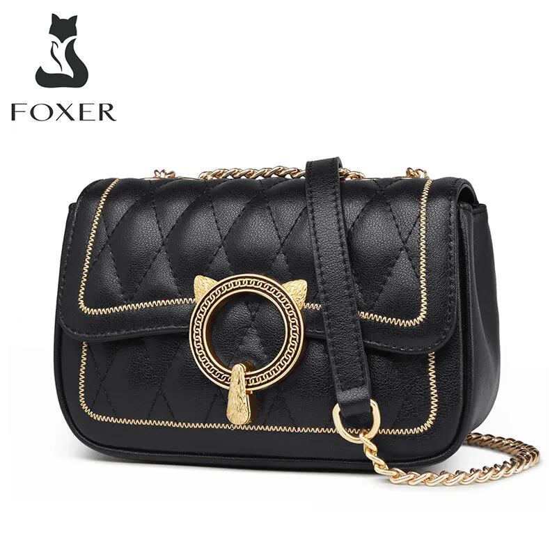 FOXER Stylish Female Mini Shoulder Bag Women Summer Crossbody Bag Girl Simple Small Flap Messenger Bags Split Leather Chain Bags