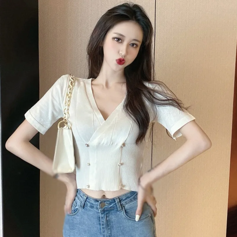 

Summer Women Short T Shirts Solid Ladies V Neck Short Sleeve Slim T-Shirts Female Knitted Top