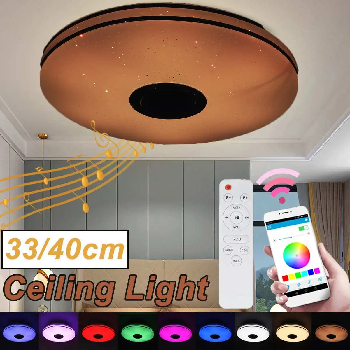 Luz de techo inteligente con Altavoz bluetooth, luces de techo RGB de 256 colores con Control remoto por aplicación, lámpara de techo de cristal, 33/40cm