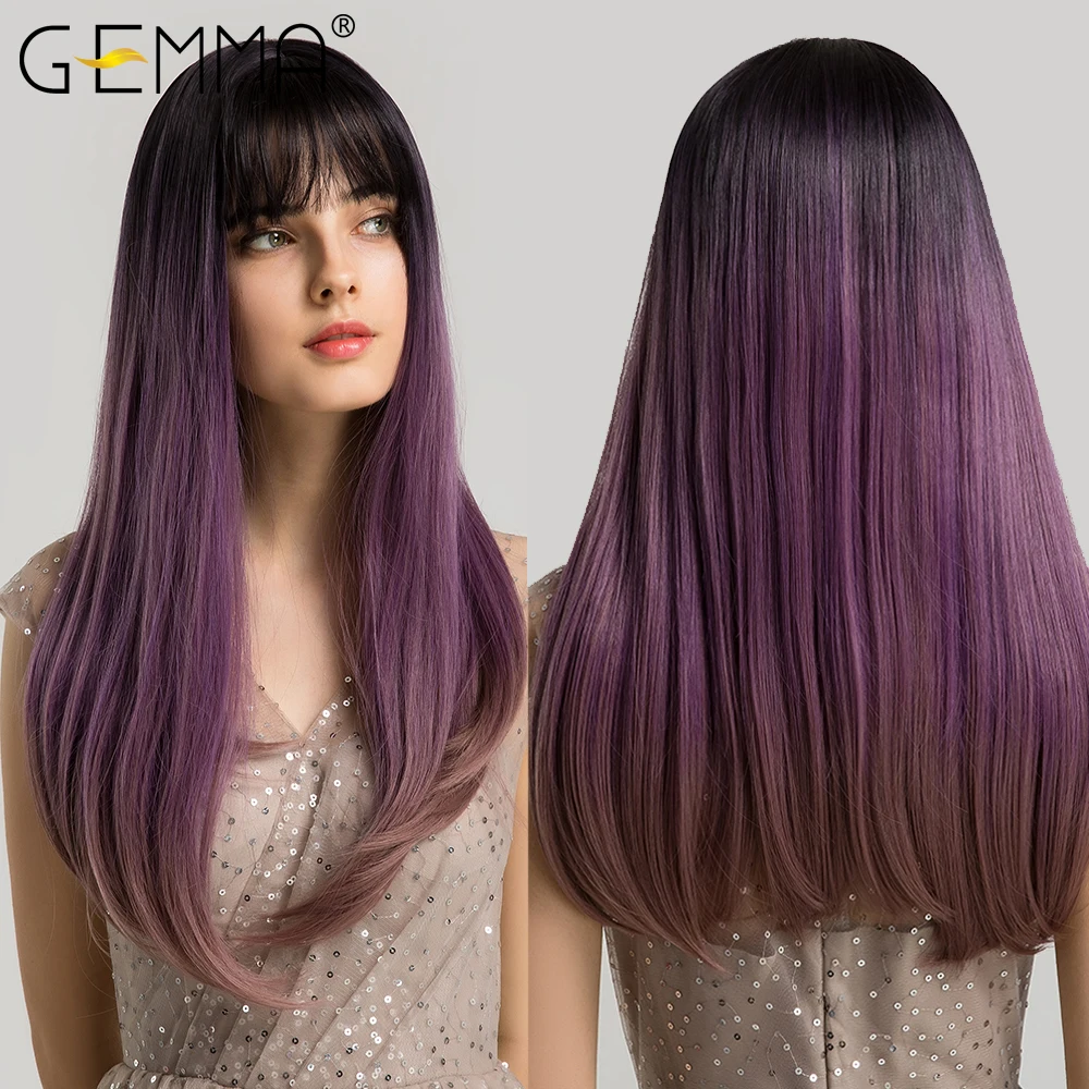 GEMMA Long Straight Natural Middle Part Wig Ombre Brown Blonde Golden Heat Resistant Synthetic Wigs for Women Cosplay Party Hair