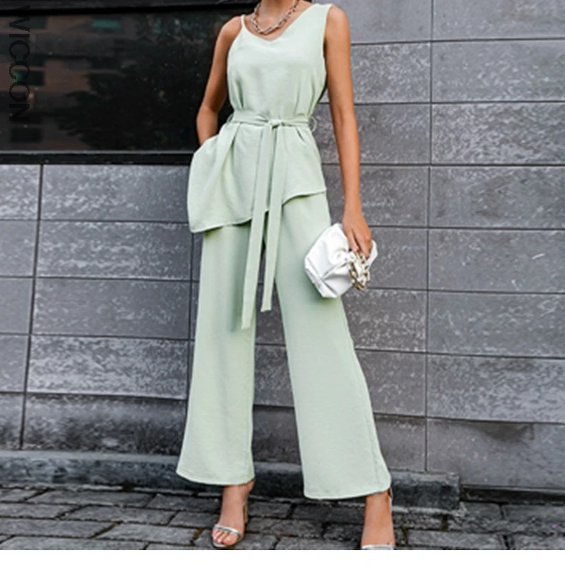 

2021 Irregular Slip Lace-up Woman Set Solid Wide Leg Causal Set Female Two Piece High Waist Slim Fashion Summer Suit Ladies