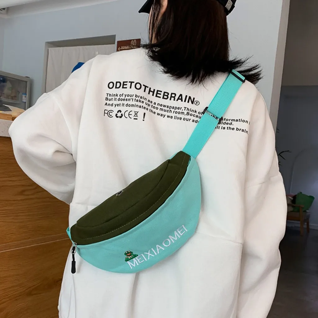 Aelicy chest bag women Canvas Simple letter Cartoon frog girls crossbody Bag Unisex Casual Waist Pack for Lady Pockets drop ship | Багаж и