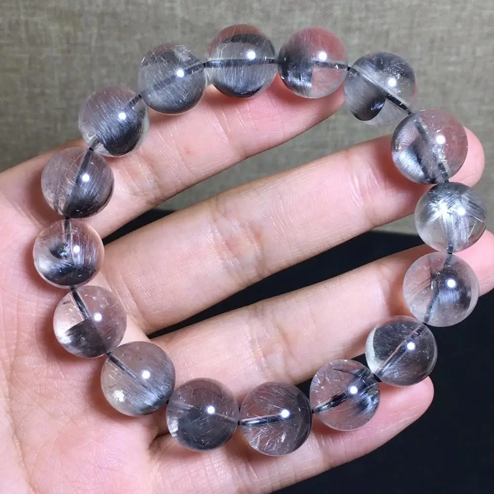 

Genuine Natural Brookite Platinum Silver Rutilated Quartz Bracelet 13.4mm Woman Man Clear Round Beads Stretch Jewelry AAAAA