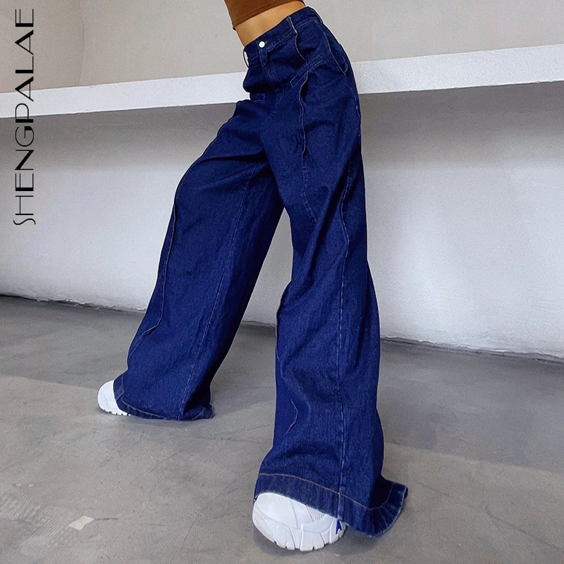 

SHENGPALAE Streetwear Fashion Boyfriend Style Jeans Women's Autumn 2021 New High Waist Solid Color Wide Leg Pants Female Tide