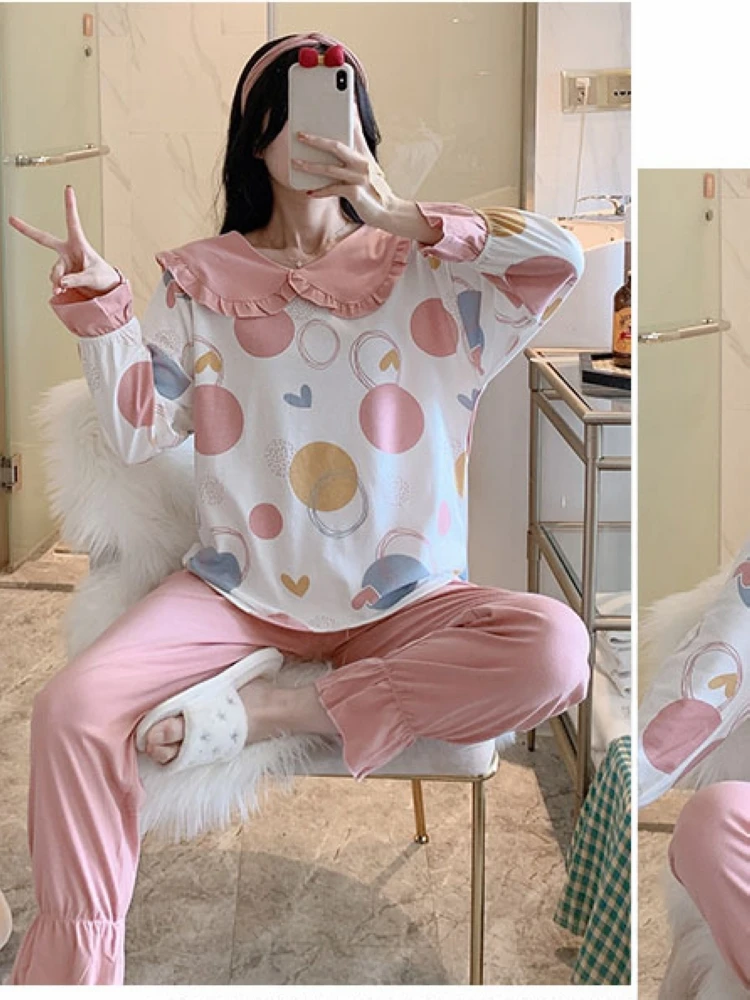 

Cartoon doll collar Korean spring and autumn long-sleeved cotton pajamas female cute suit casual loose home clothes can be worn