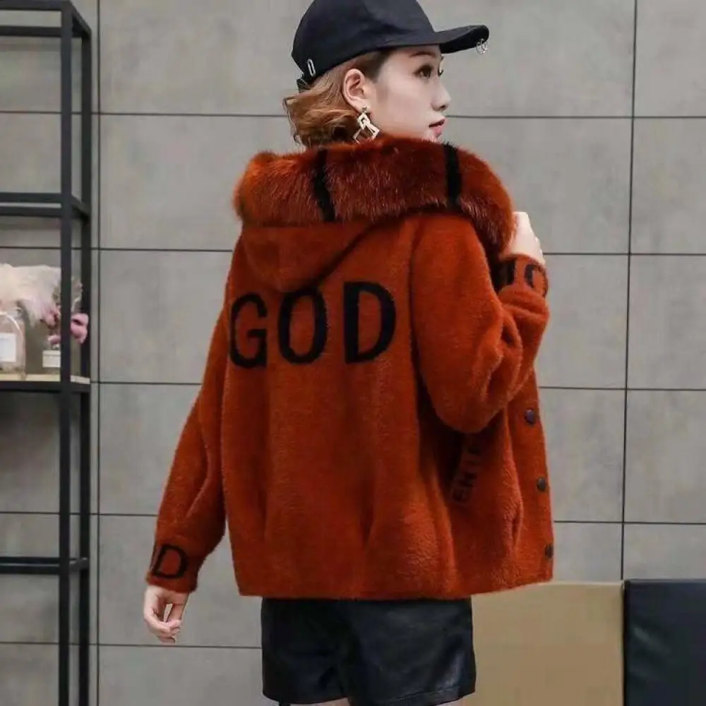 2022 Fall Faux Mink Fur Coat Loose Velvet Long-Sleeved Hooded Coat Collar Warm Winter Thickened Fleece Sweater Women's Cardigan