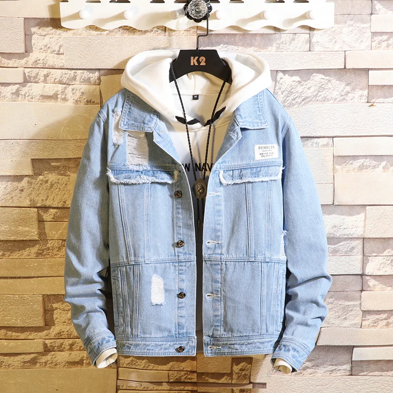 

2019 NEW Denim Jacket Men's Denim clothing man coats Fashion Jeans Jacket Casual loose Ripped Holes Vintage Bomber Denim Jacket