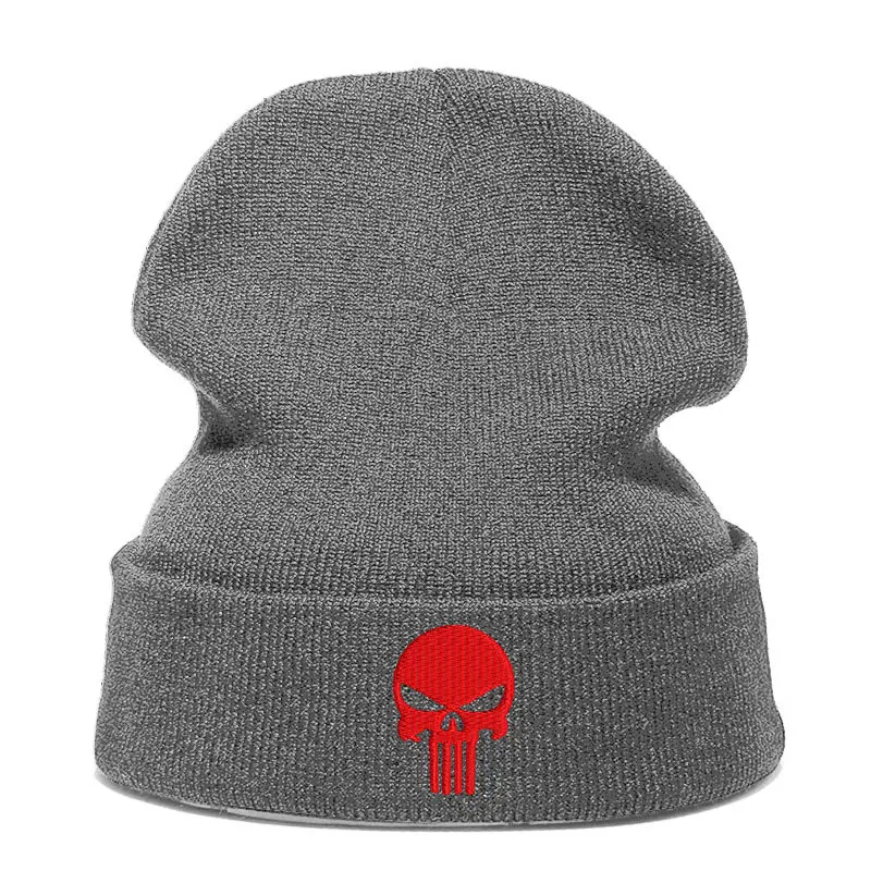Beanie шляпа Skullie шапка, вязаная шапка-носок Зимняя Вышивка в стиле панк Для мужчин Для женщин для мальчиков и девочек подростков уличных танцев череп Skelton черный, белый, серый - Цвет: Gray RED
