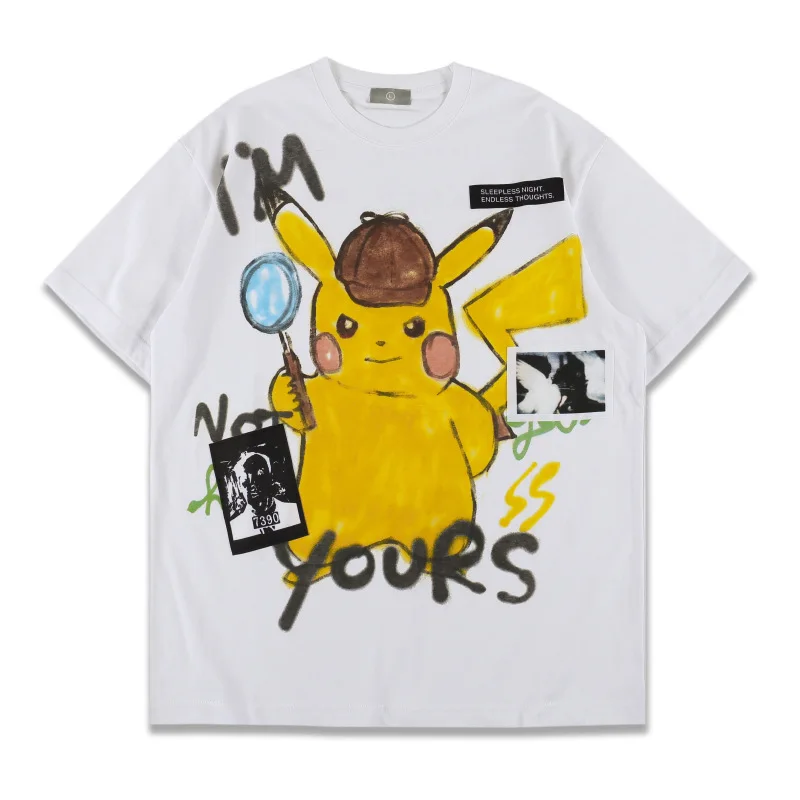 

2021 Pikachu Graffiti Print Men's and Women's Loose Short-sleeved T-shirt Oversized Cartoon Anime T Shirt Kawaii Clothing