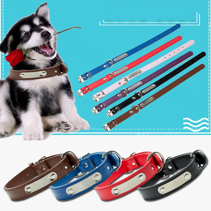 

Pet Dog Collar PU Leather Dogs Cat ID Collars Nameplate For Small Medium Pets Puppy Adjustable Lettering Iron Collar Supplies