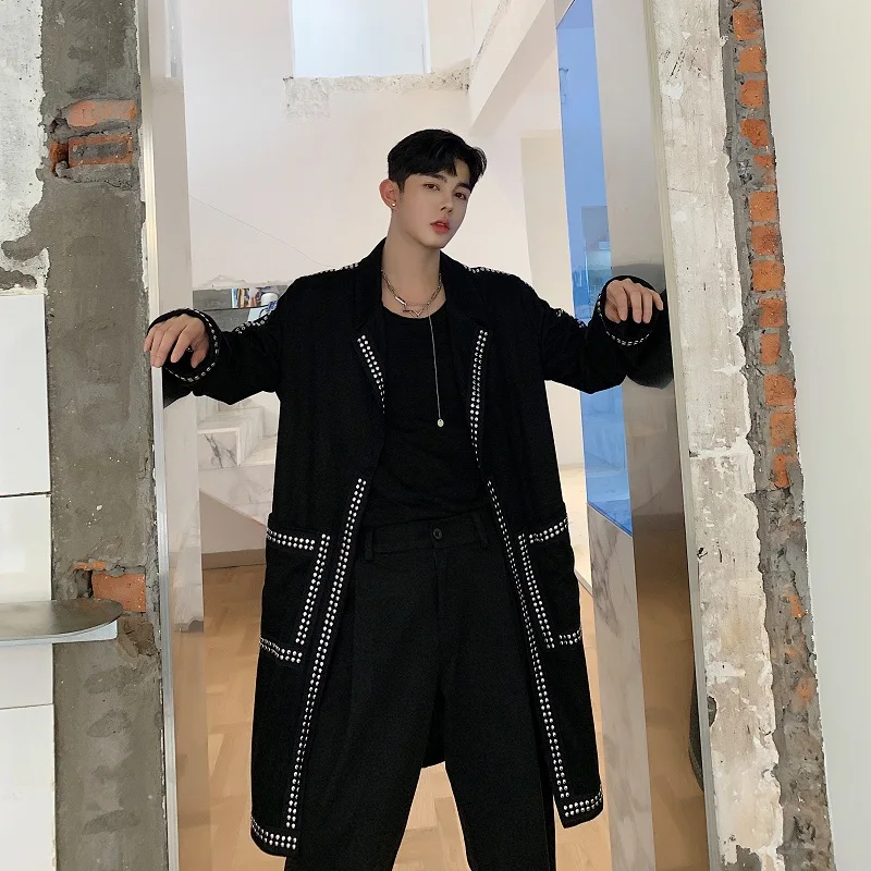 

Male Vintage Loose Casual Cardigan Windbreaker Coat Men Rivet Streetwear Hip Hop Punk Gothic Long Trench Jacket Overcoat