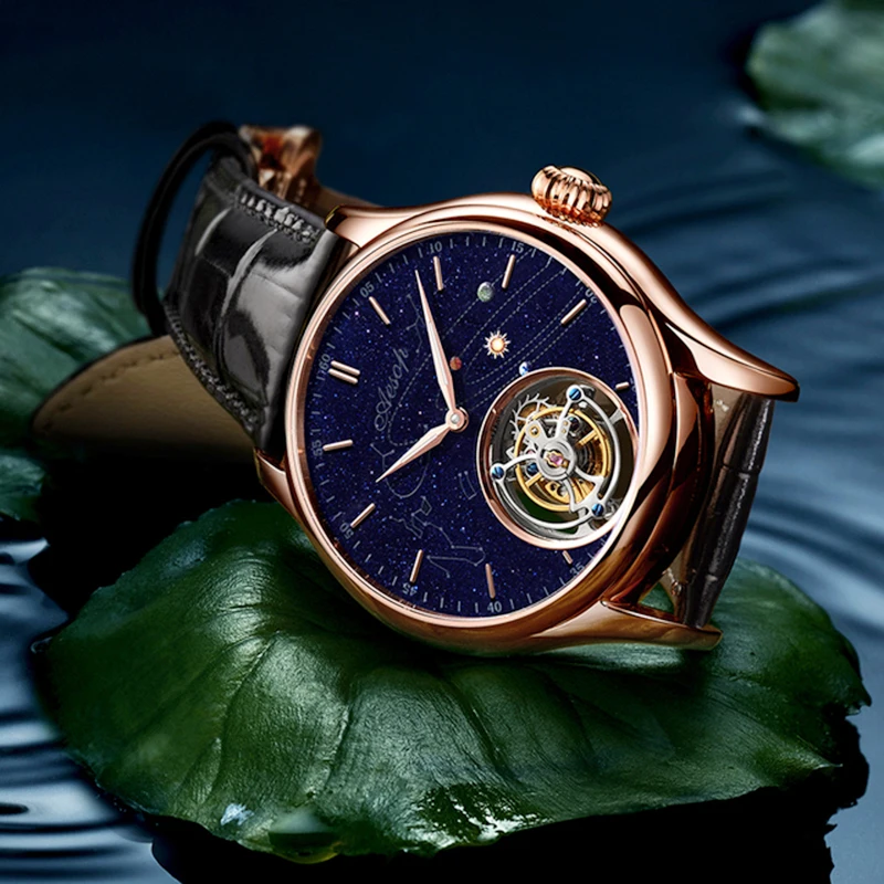 Роскошные мужские механические часы Aesop с вращающимся турбийоном золотым