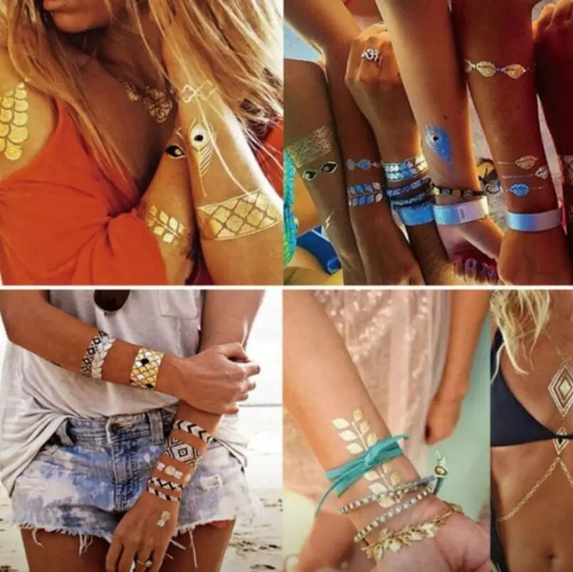 Сексуальный Металлический золотистый серебристый стикер для тела временная