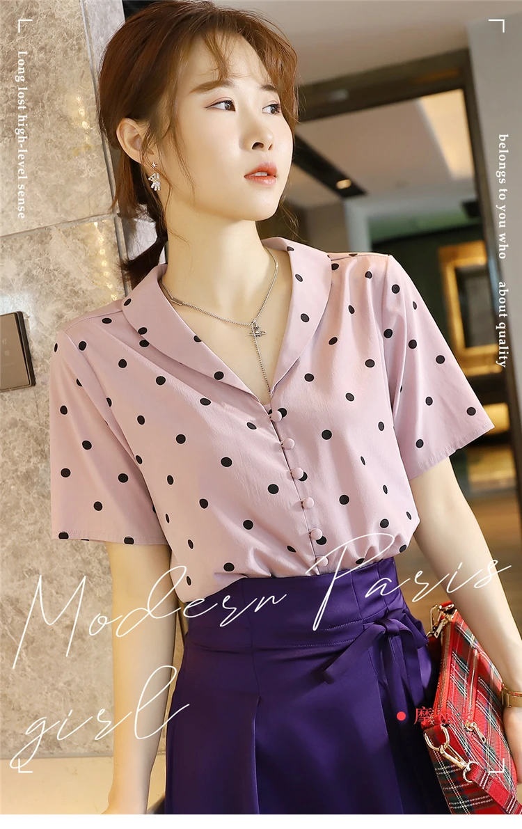 

purple French polka dot silk shirt women's summer collar sweet silk shirt short sleeve