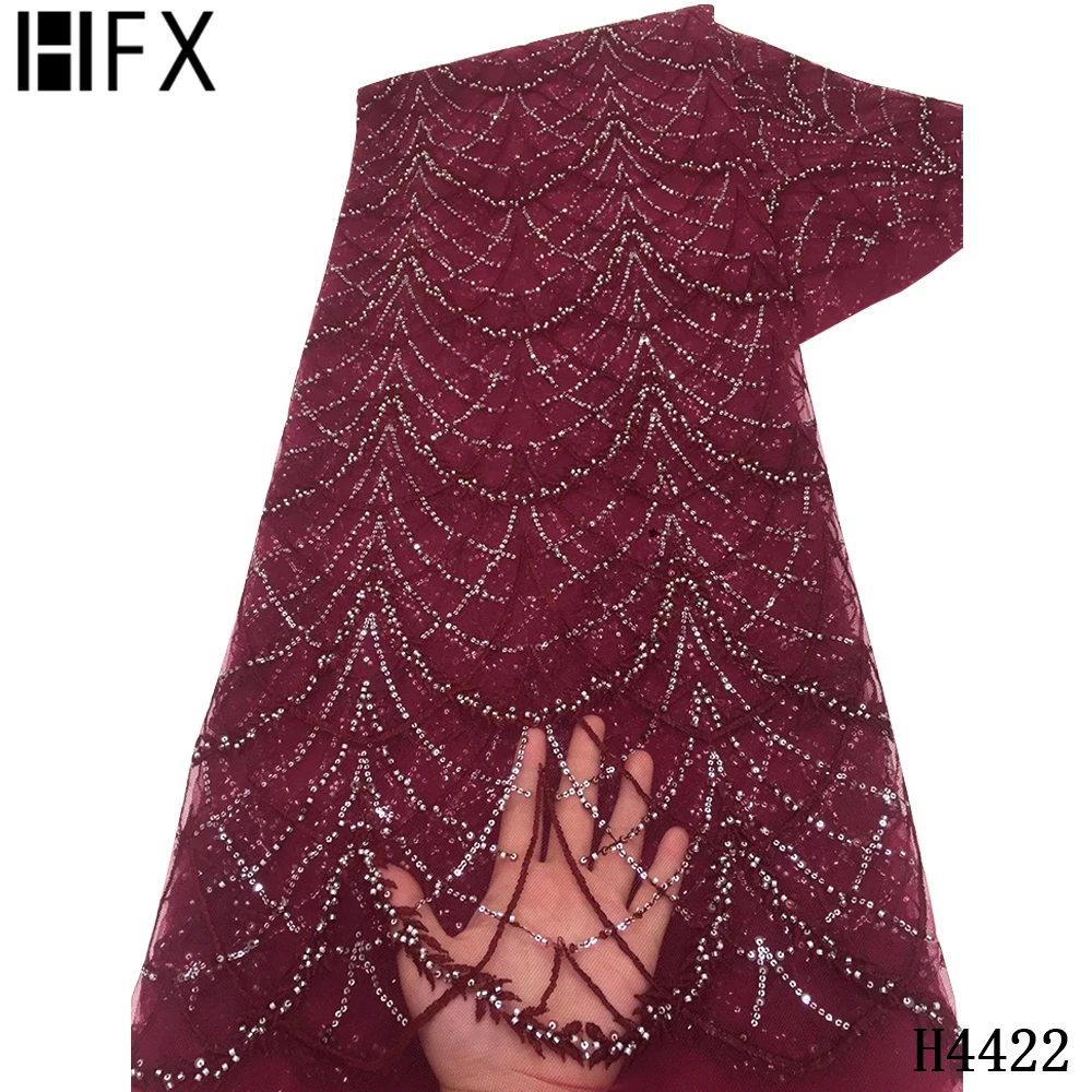 

HFX Embroidery Net Lace Fabric 2021 Nigerian African Lace Fabric French Sequin Mesh Lace Fabrics for Bridal Wedding Dress F4422