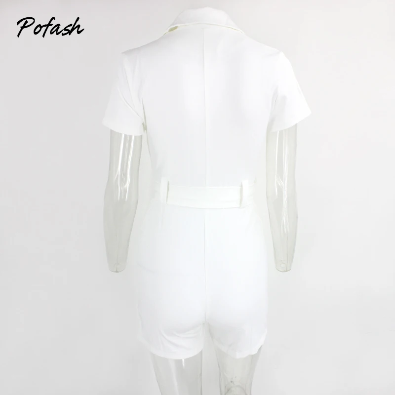 Pofash White Rompers Womens Jumpsuit Overalls Club Party Summer Collar Playsuit Female Solid Belt Pockets Casual Short Jumpsuits |
