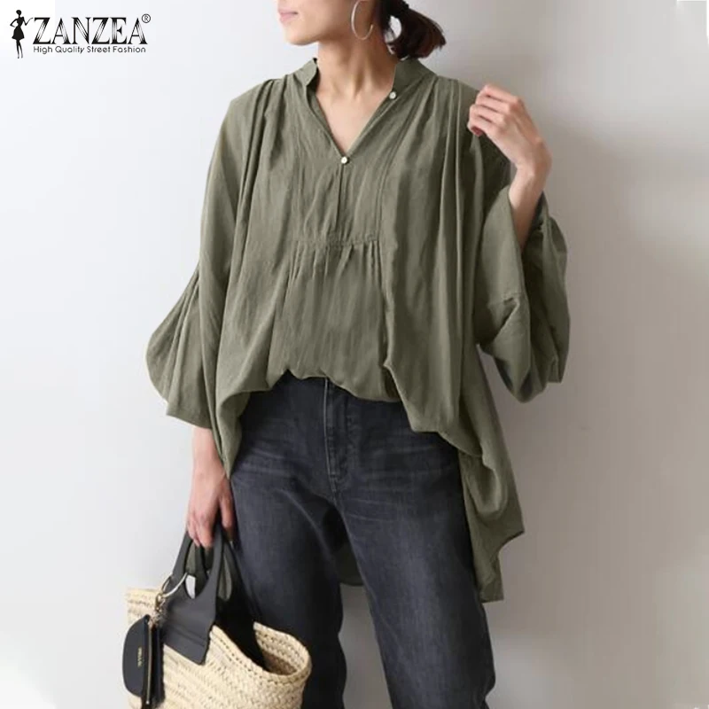 

ZANZEA Femme Ruffles Solid Chemise Women's Spring Blouses Button Tops Elastic Cuff Casual A-Line Blusa Female Turtleneck Tunic