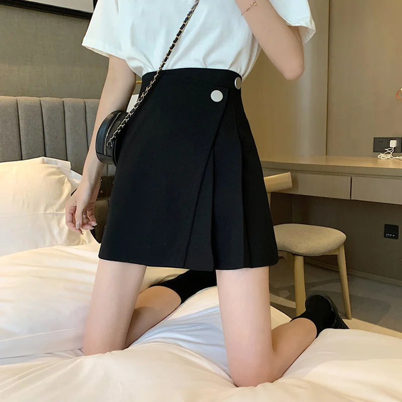 

Юбка женская плиссированная трапециевидная, ассиметричная мини-юбка на пуговицах, с завышенной талией, в Корейском стиле, Повседневная эле...