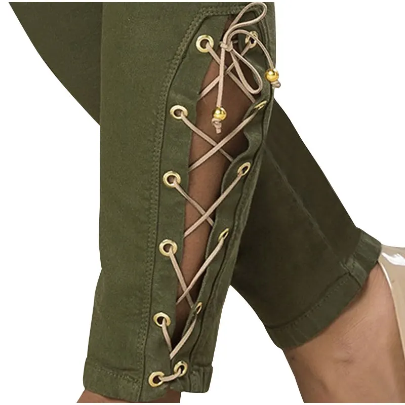 Женские джинсовые узкие брюки размера плюс с вырезами на шнуровке армейский