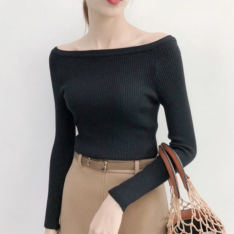 2020 New Fashion Women Long Sleeve Sweaters Casual Slash Neck Pullovers Solid thick Sweater Female Slim Sexy Cotton Kintted Tops | Женская