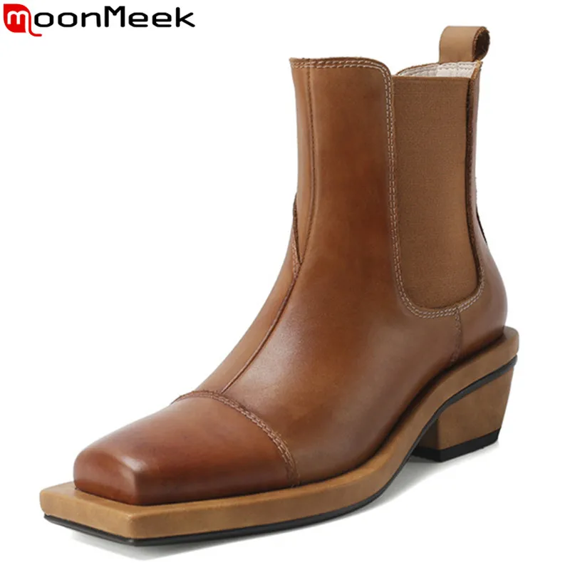 

MoonMeek 2020 Large size 33-42 ankle boots genuine leather boots med heels square toe slip-on autumn women boots black brown