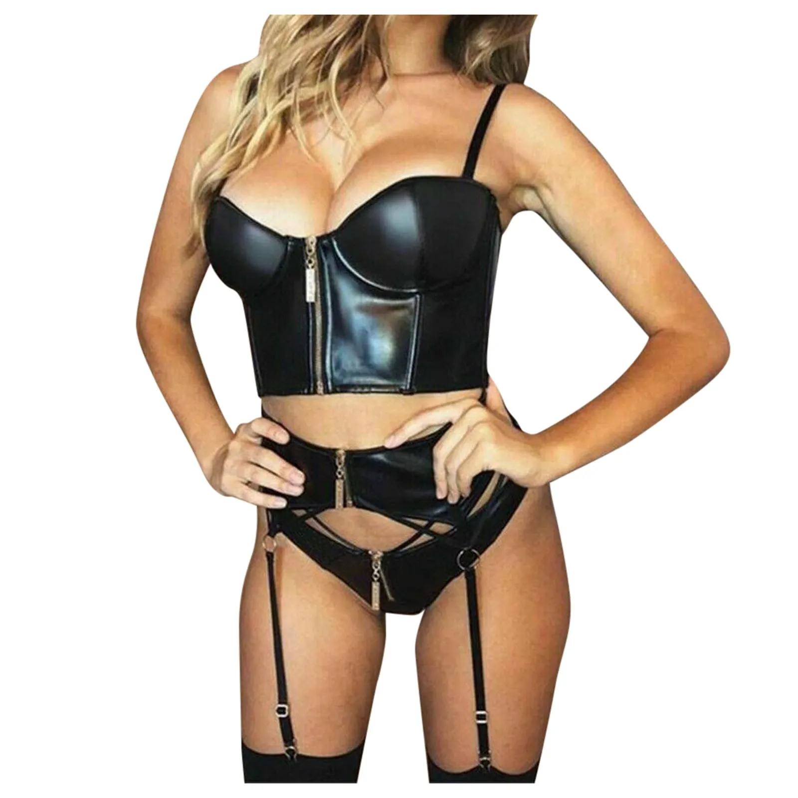 

Women Sexy Exotic PU Lehter Lingerie Sets Strap Ultra Zipper Bra Bandage G-Thong Garter Sets Teddy Babydoll Sleepwear Femme#A