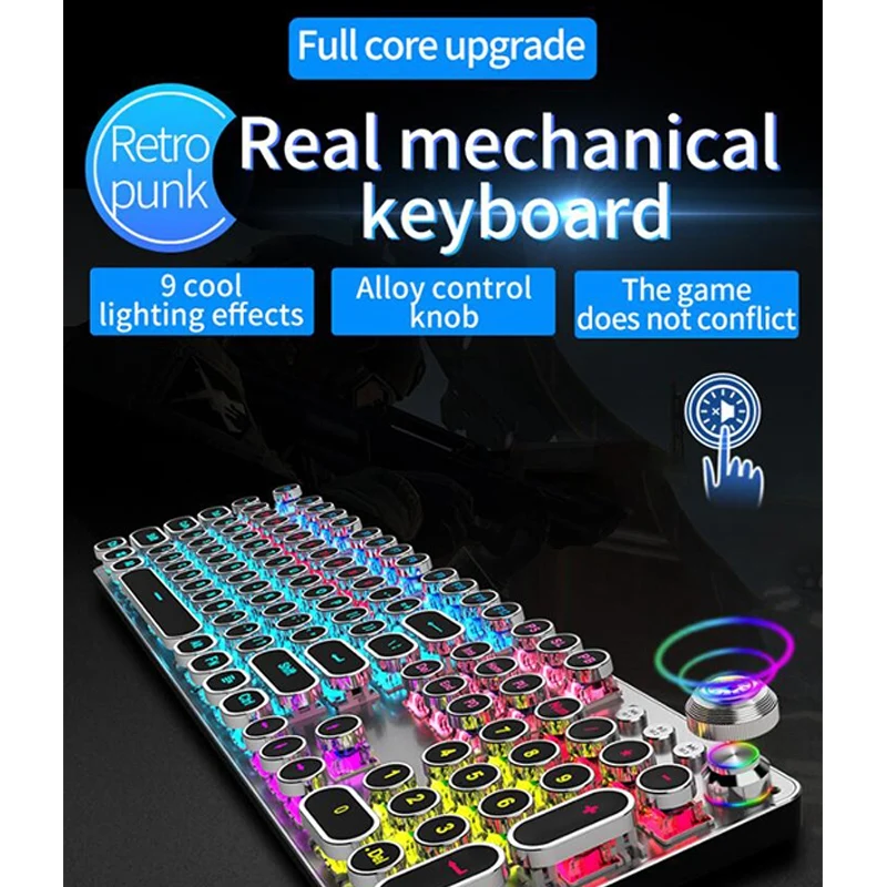 Механическая клавиатура с вращающейся макро подсветкой винтажный синий красный