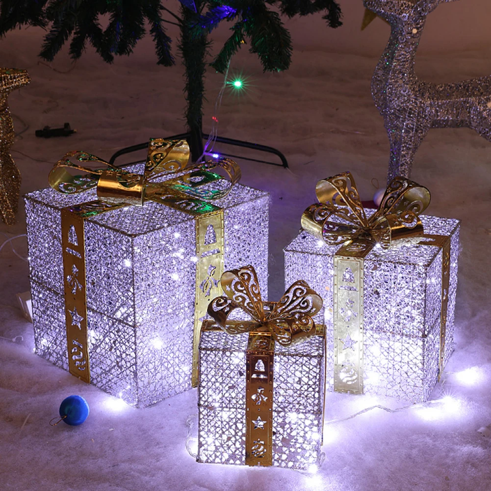 

3Pcs Christmas Gift Boxes with LED Lights Wrought Iron Luminous Ornaments for Holiday New Year Xmas Gifts Party Decoration