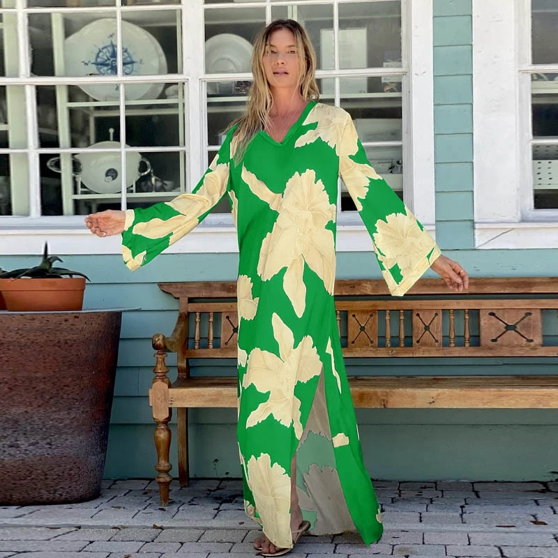 Элегантное зеленое Цветочное платье классическое пляжное с длинным рукавом и