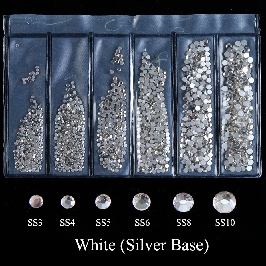 White Silver Base Разноцветные SS3-SS10 стразы белого цвета с кристаллами для ногтей, красная основа для украшения ногтей, стразы, блестящие аксессуары CH1049 - Цвет: White Silver Base