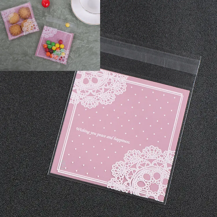 Pink And Dot Lace LBSISI Life 100 шт 10*10+ 3 см мешки для печенья, конфет для дома Рождество свадебное украшение самоклеящаяся пластиковая упаковка для пищевых продуктов полипропиленовый подарочный пакет - Цвет: Pink And Dot Lace