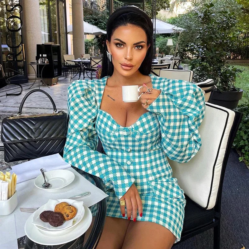 

Vintage Plaid Bodycon Dress Female Square Collar Puff Long Sleeve High Waist Mini Fashion Slim Package Hip Dresses for Women