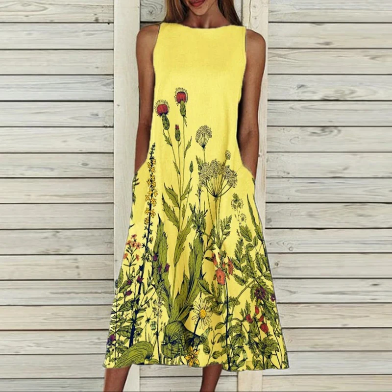 

Casual Pocket O-neck Loose Dress Elegant Female Plus Size Banquet Dress Ins Fashion Retro Print Sleeveless Summer Women's Dress