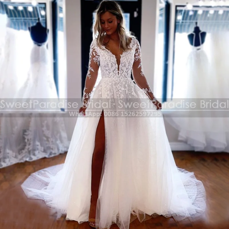 

Amazing Floral Appliques A Line Wedding Dress With High Split Long Sleeves Backless Deep V Neck White Tulle Bridal Dresses