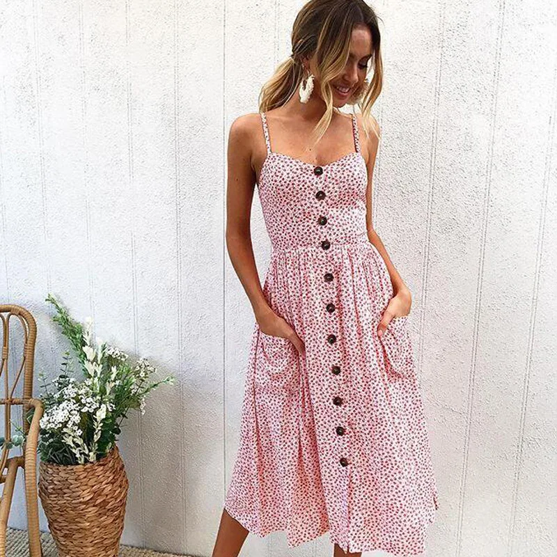 

Boho Beach Floral Print Summer Dress Women V Neck Pockets Sleeveless Midi Dresses Female Sunflower Pleated Backless Sexy Dress