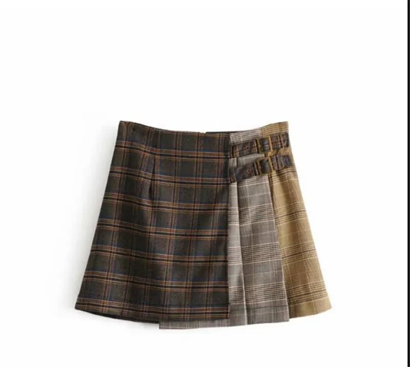Хаки Осенне-зимние студенческие юбки в консервативном стиле для девочек, Короткие мини юбки с завышенной талией в ретро стиле, винтажные клетчатые юбки, тонкие трапециевидные юбки - Цвет: Хаки