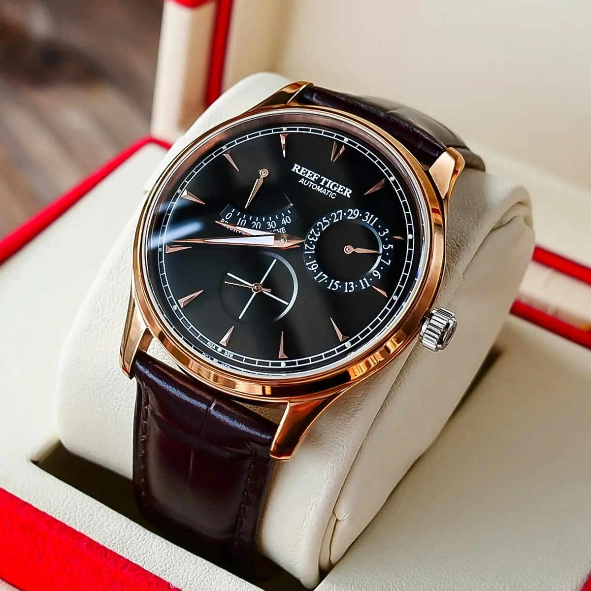 Элегантные мужские часы Reef Tiger/RT с полным календарем резервное питание розовое