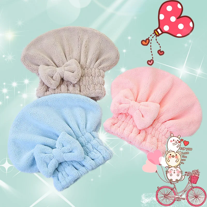 

Thicken Cartoon Microfiber Hair Quickly Dry Hair Hat Wrapped Towel Bowknot Bathing Cap for Bath Saunas Spa Hair Shower Cap Women