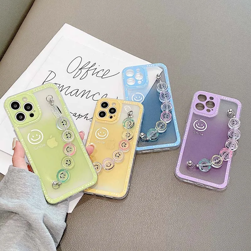 

Cartoon Smile Face Clear Phone Case For iPhone 11 12 Pro Max XR XS Max X 7 8 Plus SE2 With Smiley Bracelet Soft Back Cover