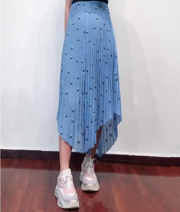 Blue Женская юбка в форме сердца с вышивкой длинная плиссированная шифоновая юбка миди - Цвет: Blue