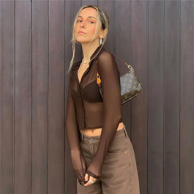 

Fashion Women's Summer Perspective T Shirt Solid Color Crop Tops Long Sleeve Lapel Button Top 2021 Streetwear Blue/Brown/Grey
