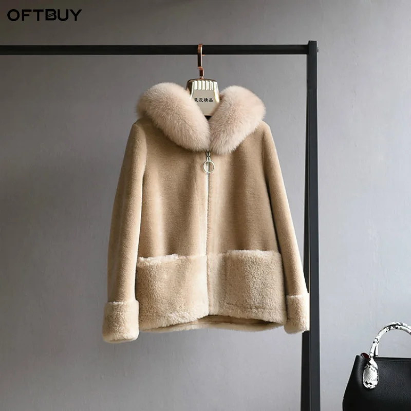 OFTBUY пальто с натуральным мехом, зимняя женская куртка, Воротник из натурального Лисьего меха, капюшон, шерсть, тканая верхняя одежда, плюшевый флис