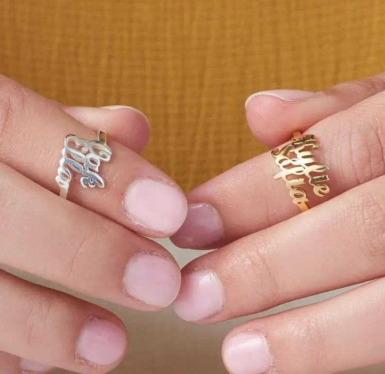 Custom Personalized Name Ring Double Two Name Ring Baby Family New Mom Gift Custom Two Name Rings Couple Rings freeshipping personalized carrie style two finger silver name rings couples name ring custom name jewelry